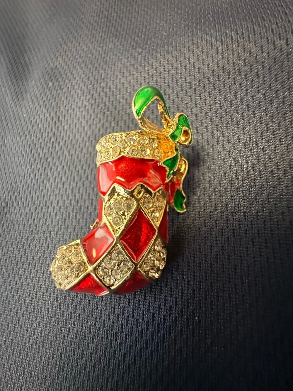 Festive Red & Green Jeweled Stocking Brooch